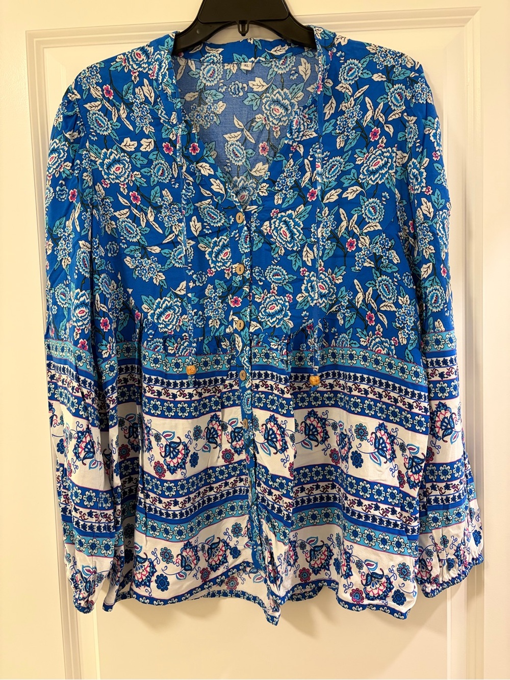 Blue Floral Print Women's Blouse - Lightweight Button Front Top